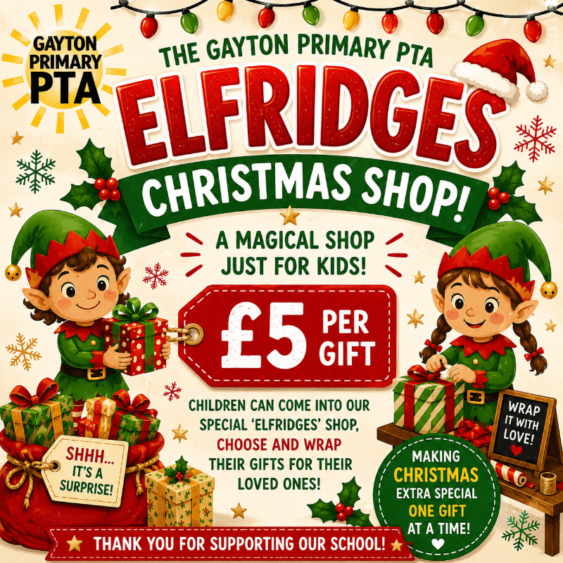 Two smiling elves in green outfits with red trim and hats hold gifts in front of a festive Christmas shop banner, with a large red sack of presents and a price tag in the foreground, all set against a background of twinkling lights and holly.