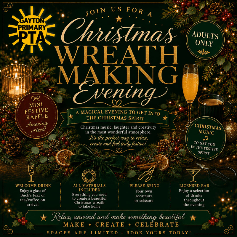 A festive Christmas wreath-making event is advertised with a welcome drink and raffle in the foreground, set against a backdrop of twinkling lights and greenery.