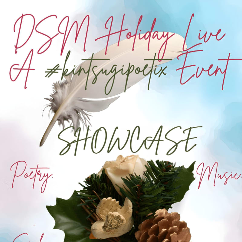 A feather and holiday greenery are in the foreground, with a watercolor-like background and event details.