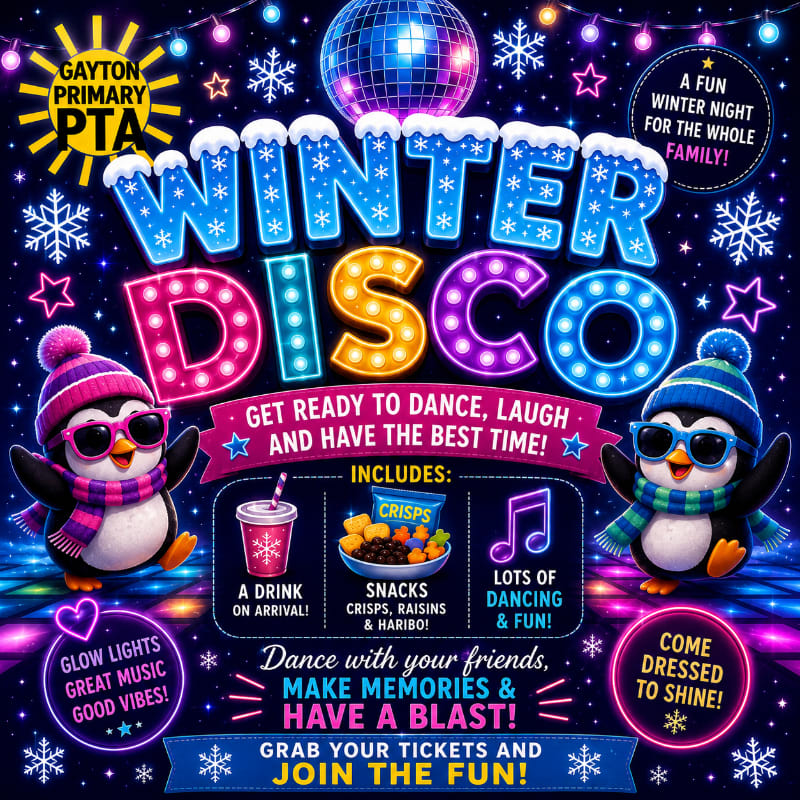 Two cartoon penguins in winter attire stand on a colorful, illuminated dance floor in front of a "Winter Disco" sign, with a disco ball and festive lights in the background.