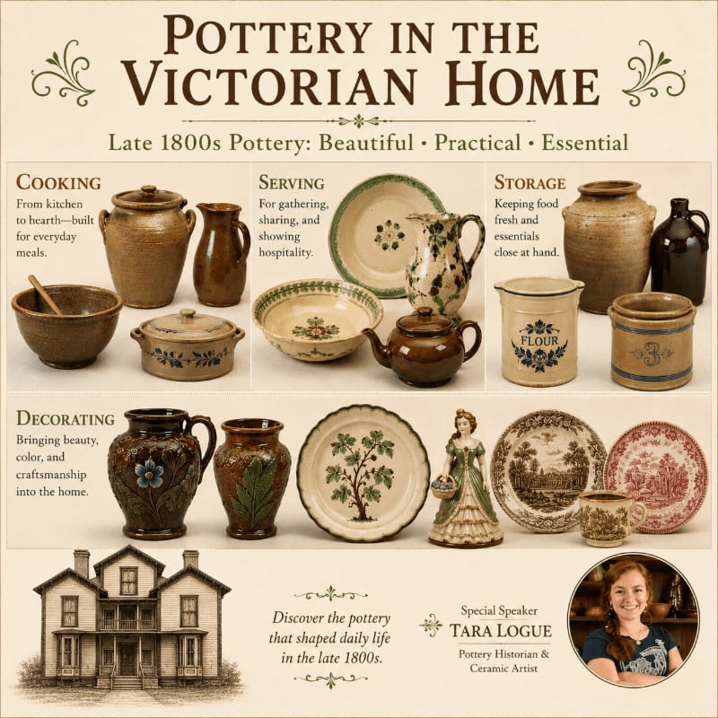 In the foreground, various Victorian-era pottery pieces are displayed under categories like "Cooking," "Serving," "Storage," and "Decorating," while the background features an illustration of a Victorian house and a portrait of a woman.