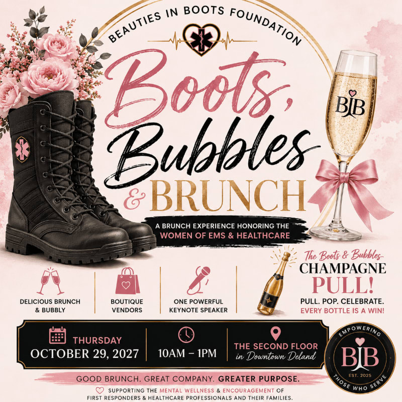 Black combat boots and pink roses are in the foreground, while a champagne glass and event details are in the background.