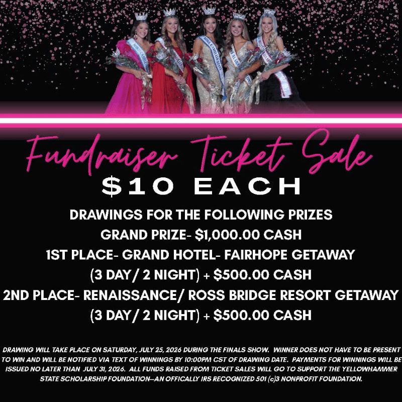Five women in formal gowns and sashes stand in front of a sparkling pink and black background, promoting a fundraiser ticket sale for $10 each with details of prize drawings.