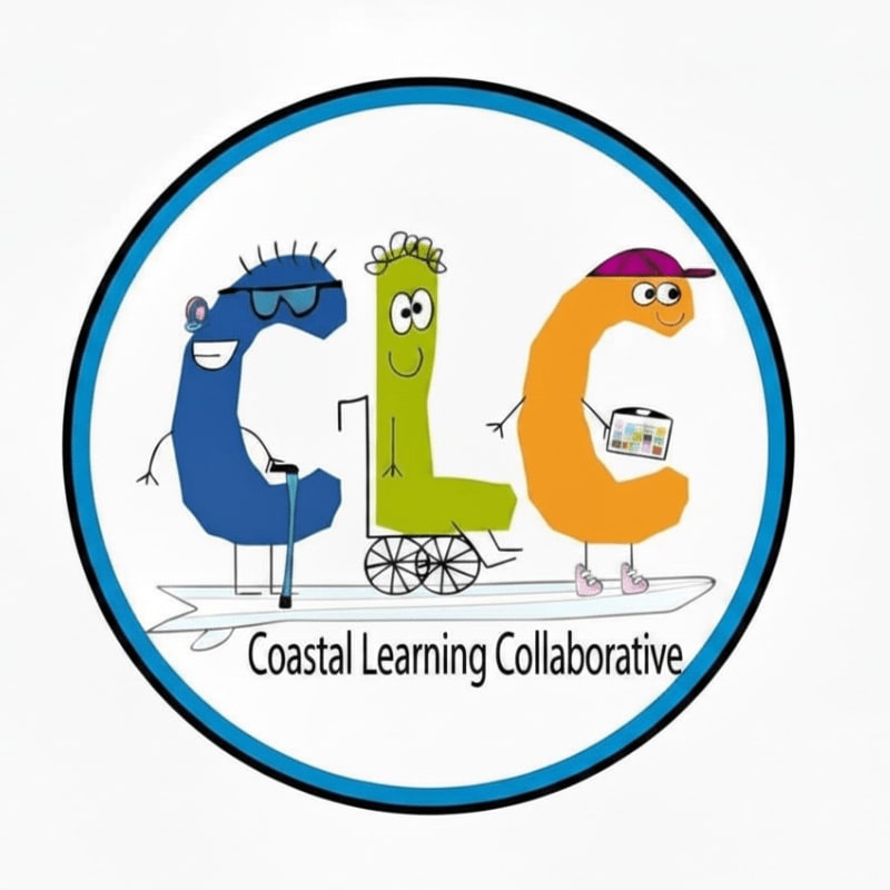 Three cartoon letters, "CLC," stand on a surfboard in the foreground, with the words "Coastal Learning Collaborative" below them, all within a blue and white circular border against a white background.