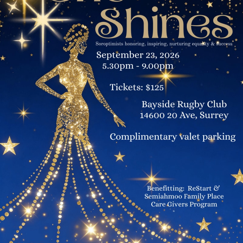 A glittering golden woman in a flowing gown stands against a dark blue background filled with sparkling stars and text announcing an event.
