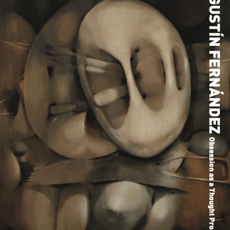 A surreal, abstract composition in muted tones features organic, bone-like forms in the foreground against a dark, textured background with vertical text.