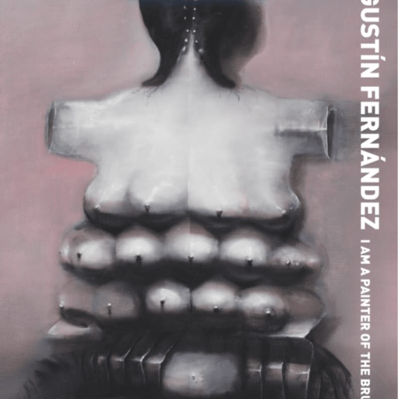 A surreal, anatomical sculpture with multiple breasts and metallic armor sits against a soft pink, textured background with text on the right.