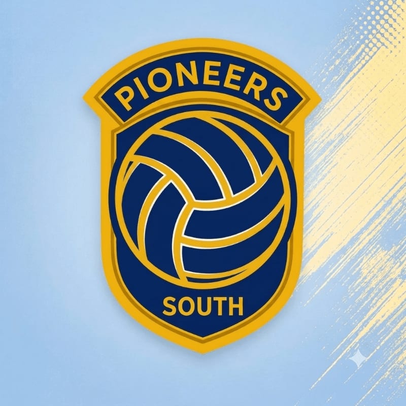 A blue and yellow volleyball logo with "PIONEERS SOUTH" written on it is centered against a light blue background with abstract yellow brush strokes.