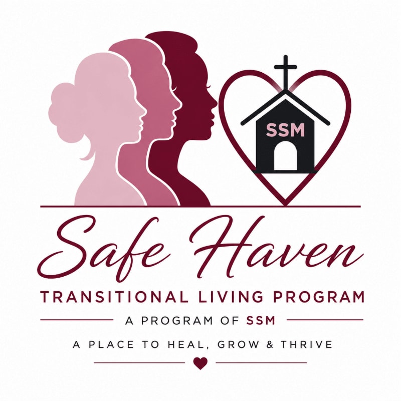 Three silhouetted women's profiles are in the foreground, with a heart-shaped emblem containing a building and cross in the background.