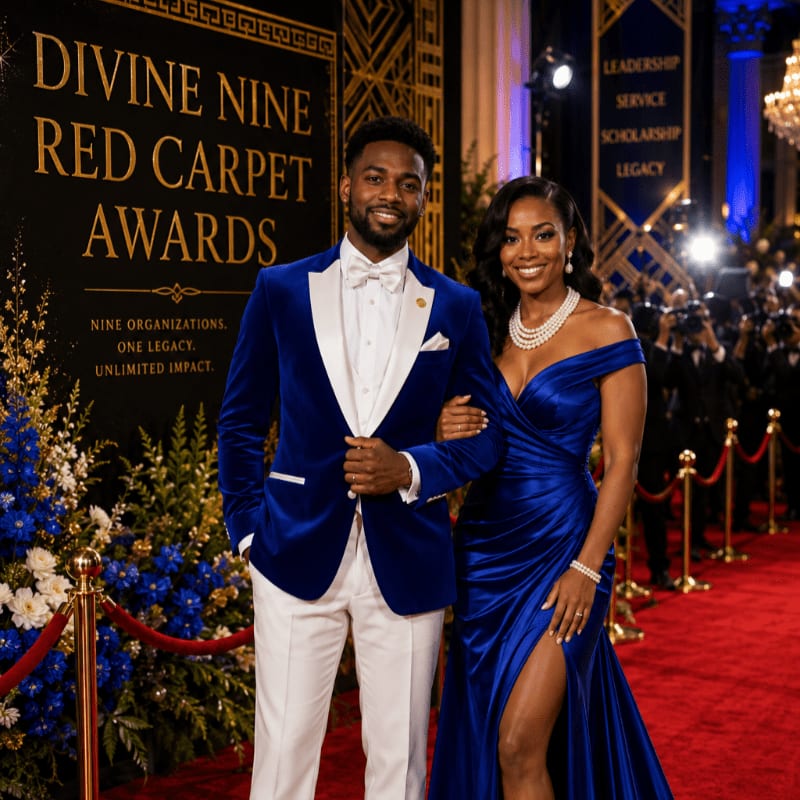 A smiling couple in formal attire poses on a red carpet in front of a backdrop for the "Divine Nine Red Carpet Awards," with a blurred crowd and ornate chandeliers in the background.
