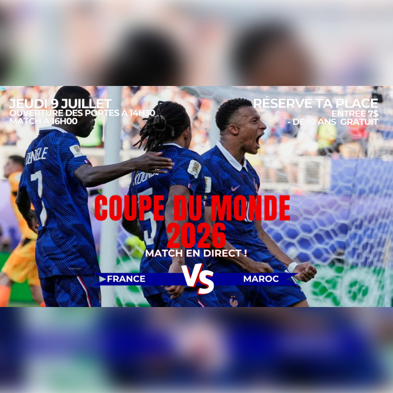 Three French soccer players celebrate a goal in the foreground, with event details for the "Coupe du Monde 2026" match against Morocco displayed over them, and a blurred stadium crowd in the background.
