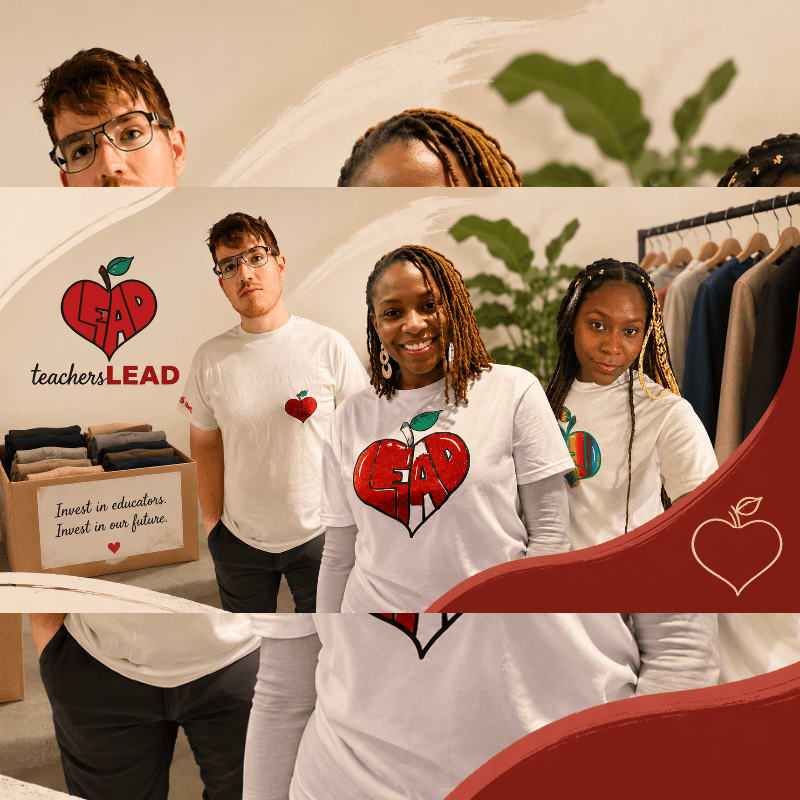 Three people in white t-shirts with a red apple logo stand in front of a rack of clothes and a box of folded shirts, while glimpses of two other faces appear at the top and bottom of the image.