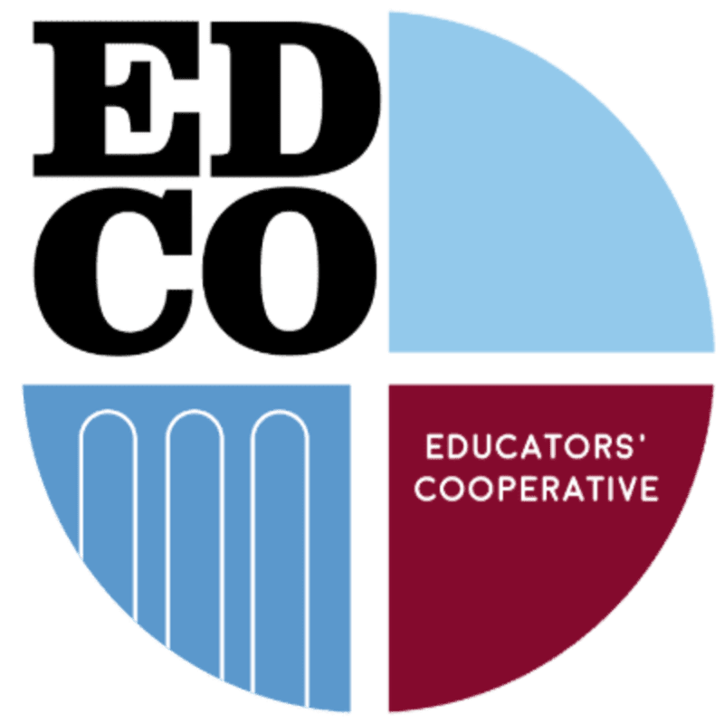 Black text "EDCO" is in the top left quadrant of a circle, with a light blue background, while the bottom left quadrant features a light blue stylized column design, and the bottom right quadrant contains white text "EDUCATORS' COOPERATIVE" on a maroon background.