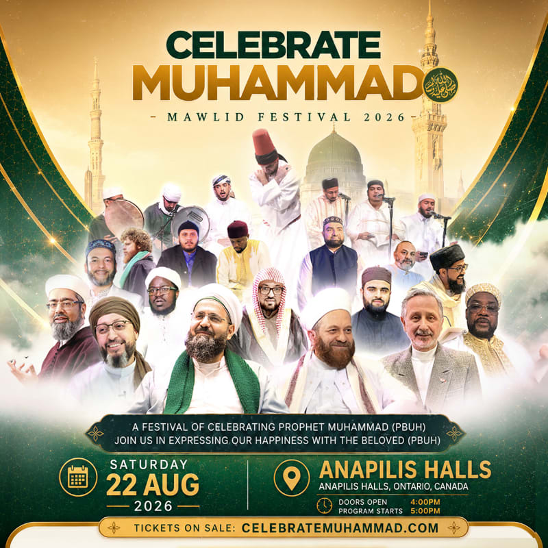 A group of men in traditional attire are featured in the foreground, with a stylized mosque and minarets in the background, under the text "CELEBRATE MUHAMMAD - MAWLID FESTIVAL 2026".