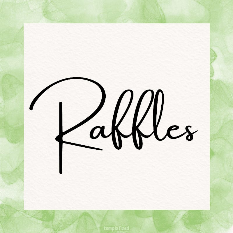 A square frame with the word "Raffles" in elegant black script is centered on a textured white background, which is surrounded by a soft, watercolor-like green wash.