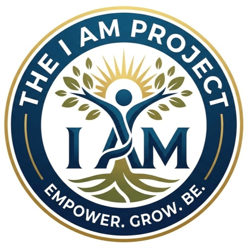 A circular logo with a stylized human figure as a tree, with the words "THE I AM PROJECT" and "EMPOWER. GROW. BE." surrounding it, set against a white background.