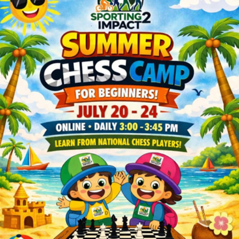 Two smiling children in colorful hats wave from a beach with a sandcastle and chessboard in the foreground, while palm trees, sailboats, and a sunny sky form the background for a summer chess camp advertisement.