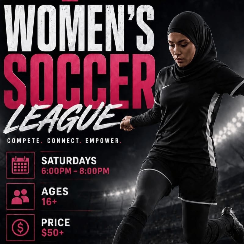 A woman in a hijab plays soccer in front of a stadium crowd, with league details displayed on the left.