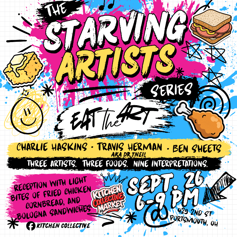 A vibrant poster for "The Starving Artists Series: Eat the Art" features cartoonish food illustrations like fried chicken and sandwiches in the foreground against a colorful, splattered background with event details.