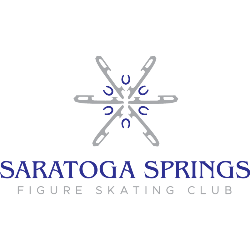 A snowflake-like logo with six blades and four horseshoes in the center sits above the text "SARATOGA SPRINGS FIGURE SKATING CLUB" on a white background.