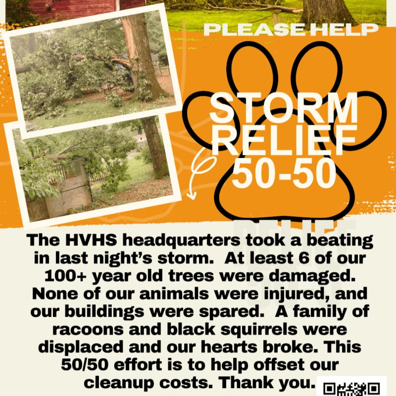 Two inset photos of storm-damaged trees and a red barn are overlaid on an orange background with a large paw print graphic and text about storm relief.