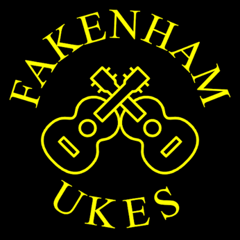 Two yellow ukuleles are crossed in the foreground against a black background, with the words "FAKENHAM UKES" arched above and below them.
