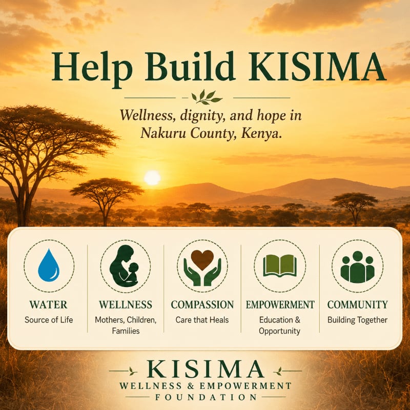 A serene sunset over Kenyan hills forms the background for a graphic promoting the KISIMA Wellness & Empowerment Foundation, with icons representing water, wellness, compassion, empowerment, and community in the foreground.
