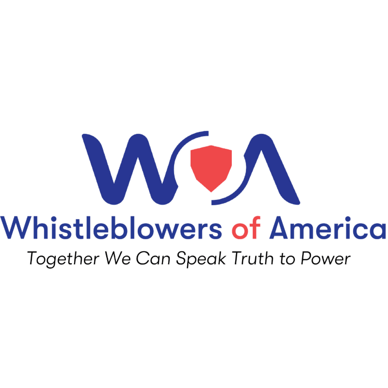 A blue and red shield is superimposed on the letters "WOA" in the foreground, with the text "Whistleblowers of America" and "Together We Can Speak Truth to Power" below it, all set against a white background.