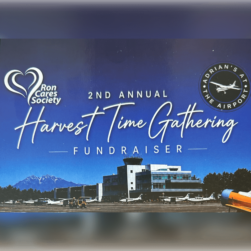 A fundraiser poster for the "2nd Annual Harvest Time Gathering" is displayed against a backdrop of an airport with planes and a building, with mountains in the distance.