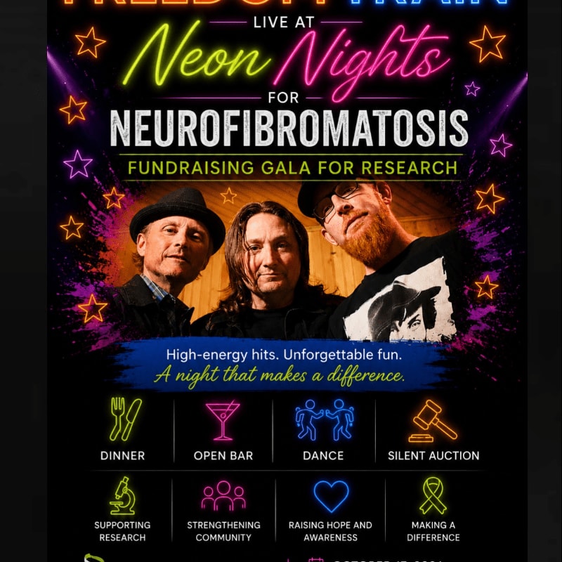 Three men are featured in the foreground of a neon-lit poster advertising a "Neon Nights" fundraising gala for neurofibromatosis research, with icons representing event activities in the background.