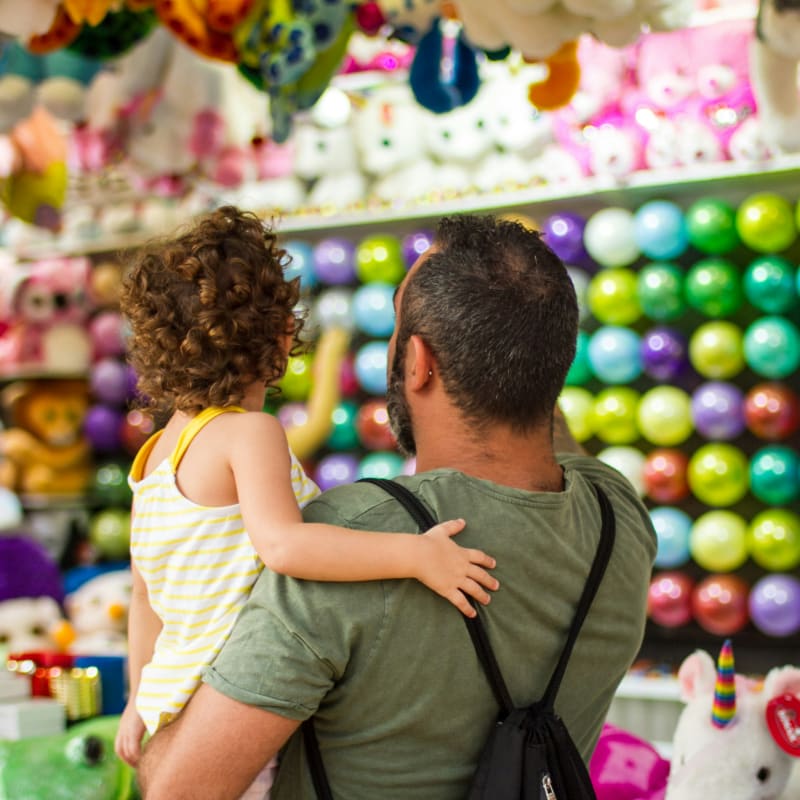Father and child at a carnival game booth