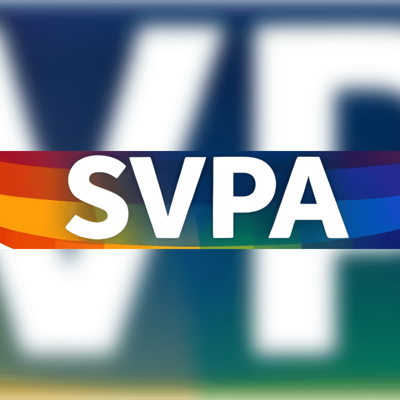 White letters spelling "SVPA" are superimposed over a background of colorful, wavy stripes.