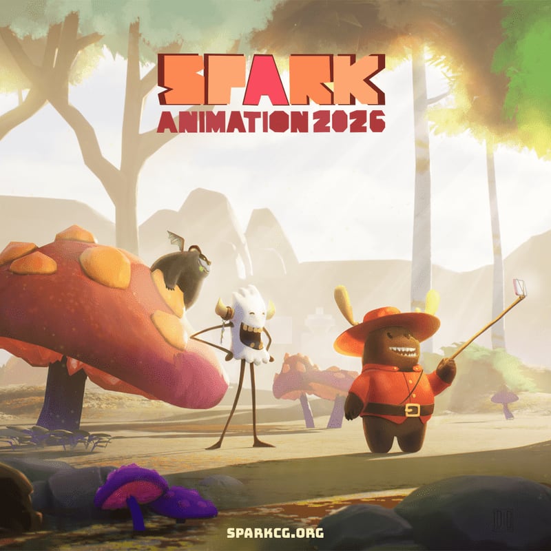 Two cartoon characters, one with a selfie stick and another with a bat on its shoulder, pose in front of a giant mushroom in a whimsical forest with the "SPARK ANIMATION 2026" logo overhead.