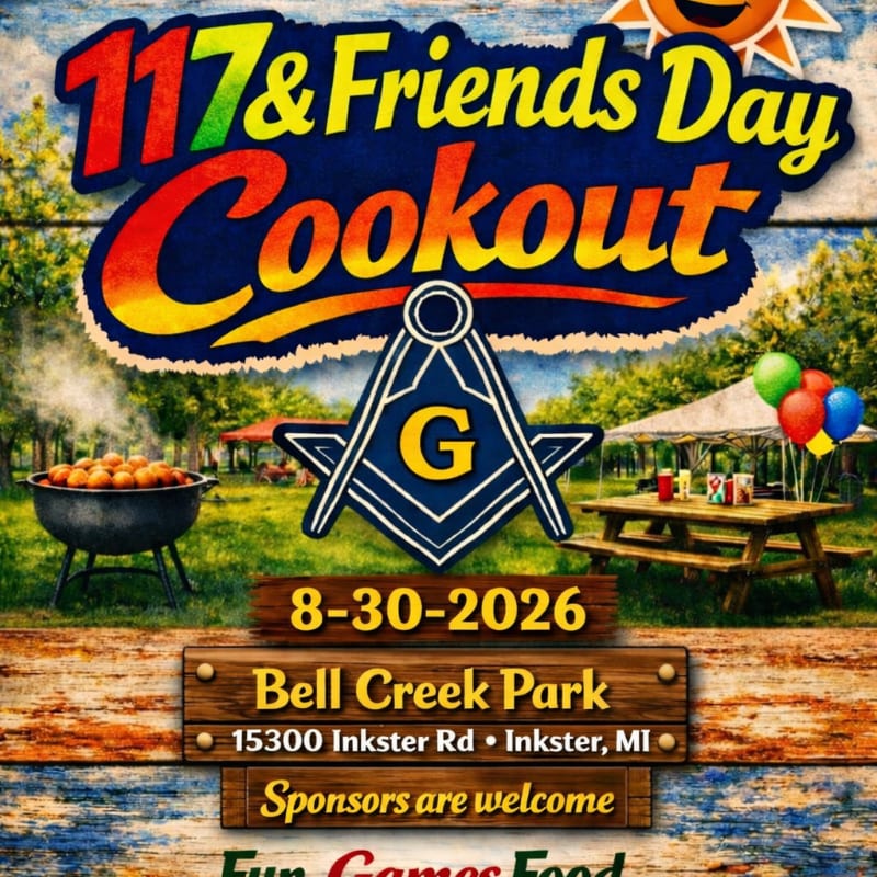 A cookout is advertised with a grill in the foreground and a park scene in the background.