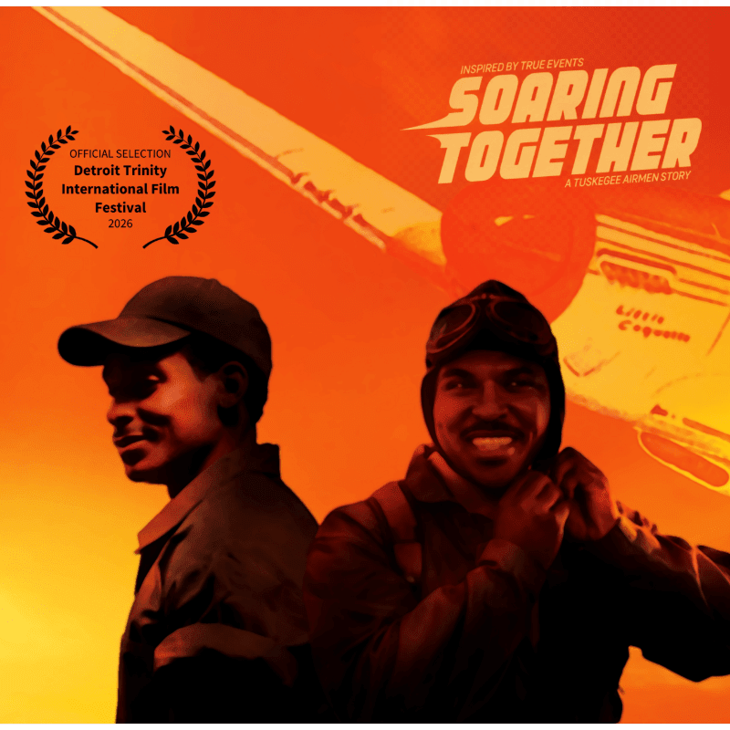 Two smiling pilots in the foreground are set against a vibrant orange background featuring a plane and film festival laurels.
