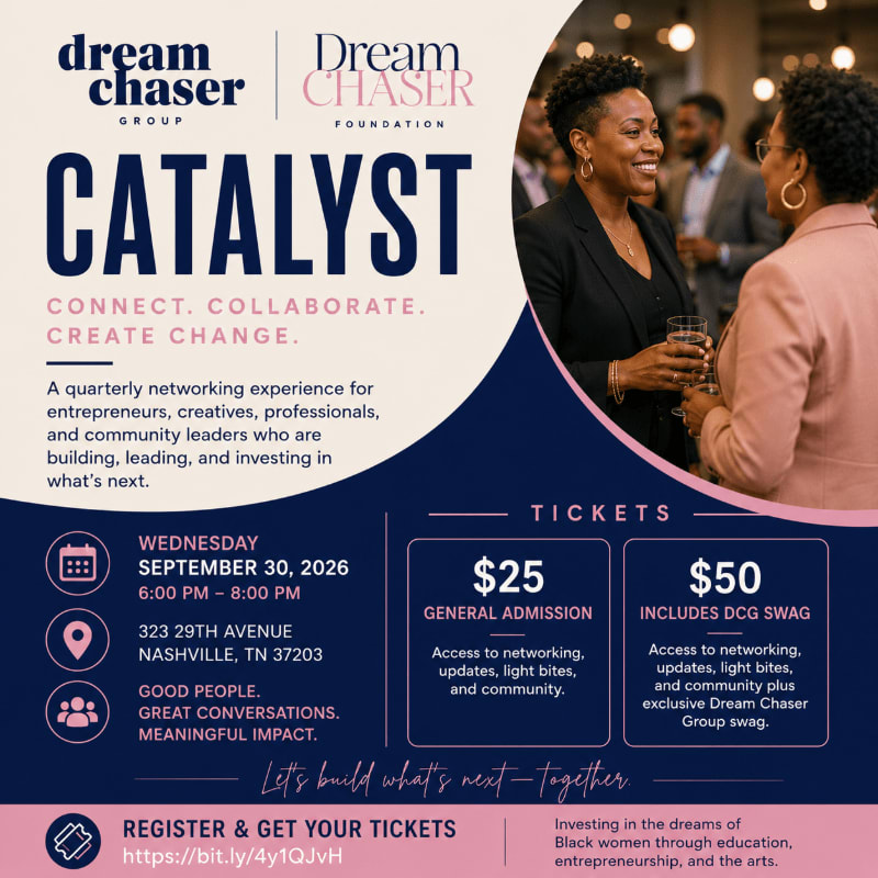 A flyer for a networking event called "Catalyst" is displayed, featuring two women smiling in the background and event details in the foreground.