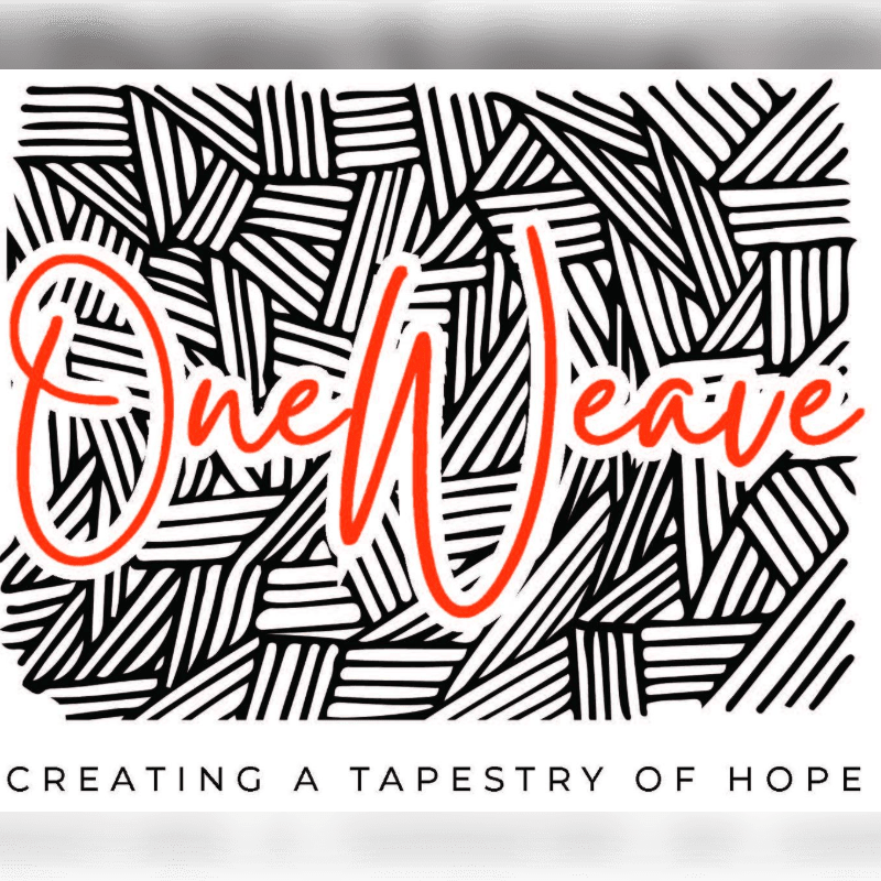 Orange text reading "OneWeave" overlays a black and white abstract pattern, with the tagline "CREATING A TAPESTRY OF HOPE" below.
