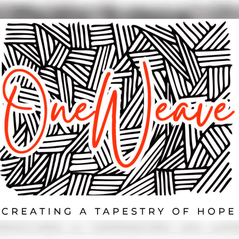 Orange text reading "OneWeave" overlays a black and white abstract pattern, with the tagline "CREATING A TAPESTRY OF HOPE" below.