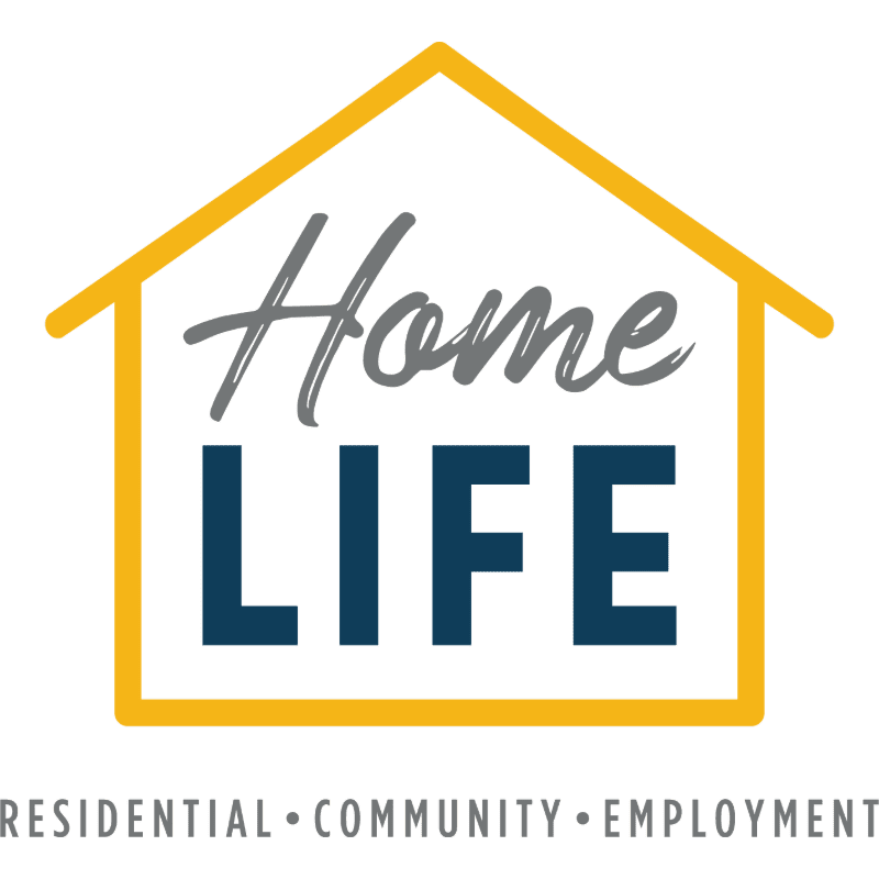 A yellow house outline frames the words "Home LIFE" in gray and blue, with "RESIDENTIAL • COMMUNITY • EMPLOYMENT" written below on a white background.