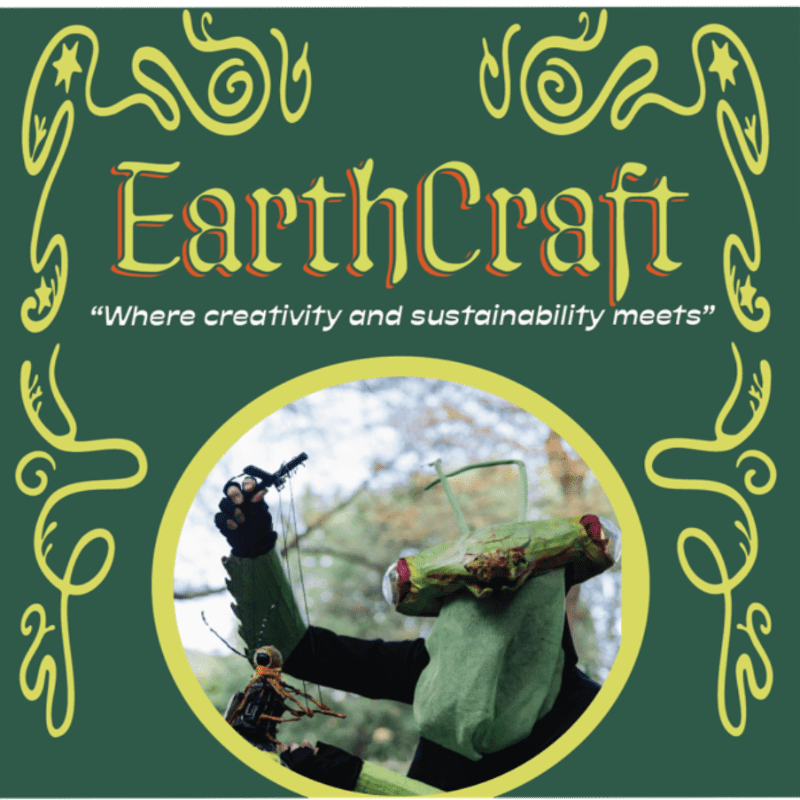 A green background frames a circular image of a puppet with a twig-like head and a smaller puppet in its hand, set against a blurred forest backdrop.