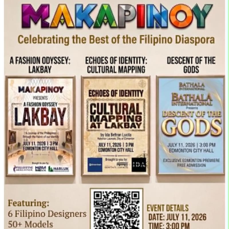 A colorful poster for "Makapiloy: Celebrating the Best of the Filipino Diaspora" features three event posters in the foreground and event details at the bottom against a light background.