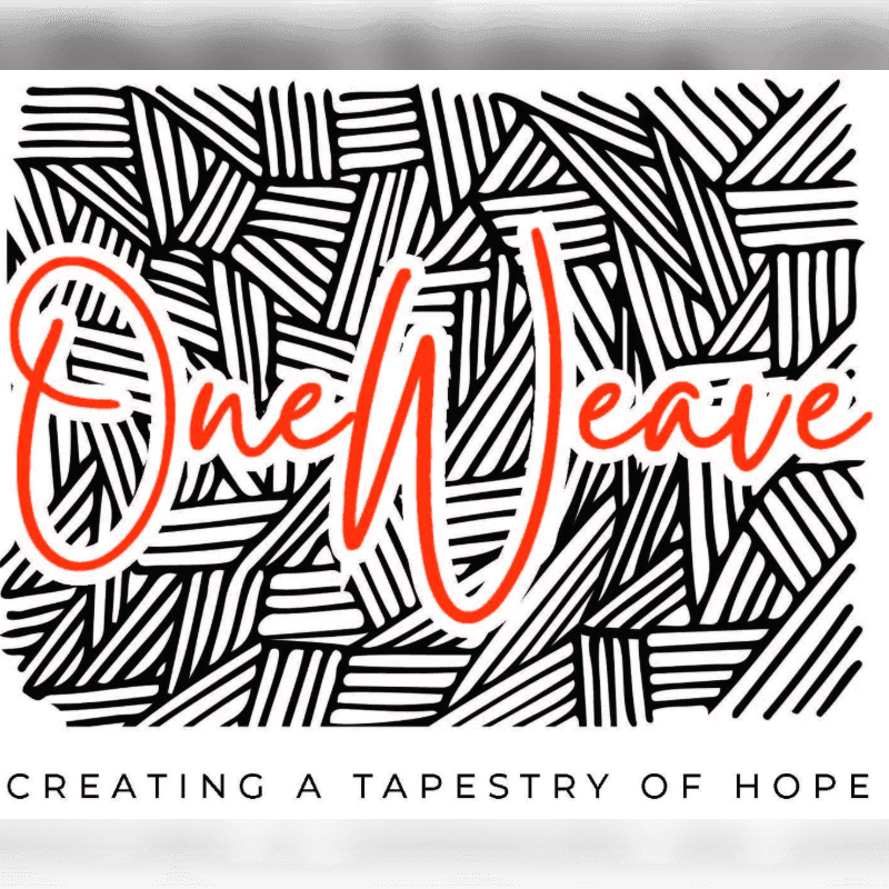 Orange text reading "OneWeave" overlays a black and white abstract pattern, with the tagline "CREATING A TAPESTRY OF HOPE" below.