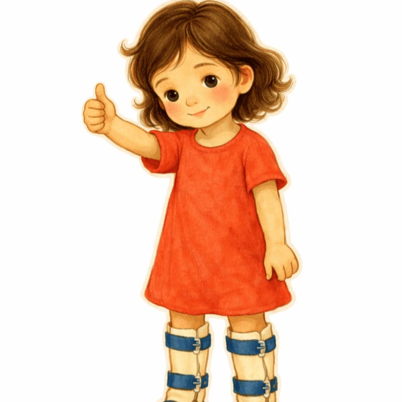 A young girl in an orange dress and white boots gives a thumbs-up against a plain white background.