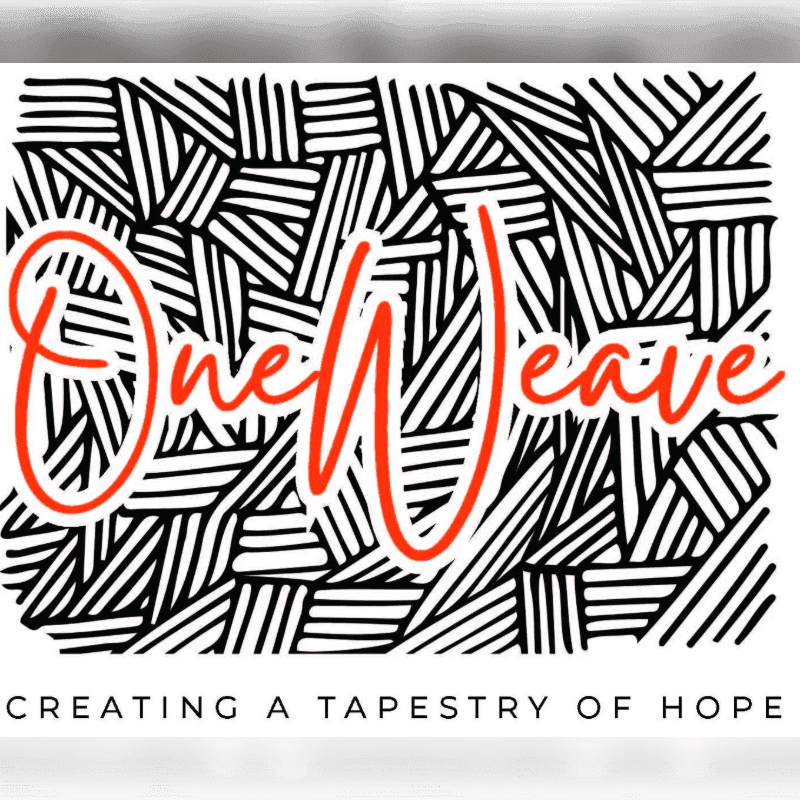 Orange text reading "OneWeave" overlays a black and white abstract pattern, with the tagline "CREATING A TAPESTRY OF HOPE" below.