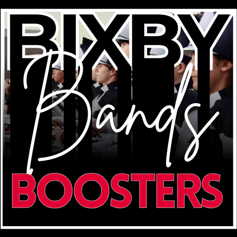 In the foreground, bold red text reads "BOOSTERS" below the white cursive "Bands" and block letters "BIXBY," while the background features a blurred procession of individuals in uniform.