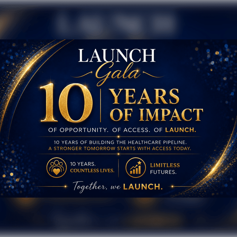 Golden text on a dark blue background with sparkling lights announces "Launch Gala 10 Years of Impact," featuring icons for lives and futures.