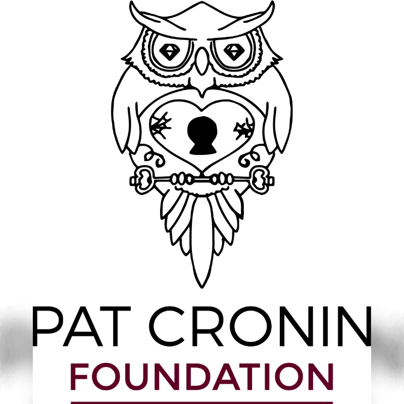 A stylized owl with a heart-shaped lock and keys in its chest is centered above the text "PAT CRONIN FOUNDATION" in the foreground, against a plain white background.