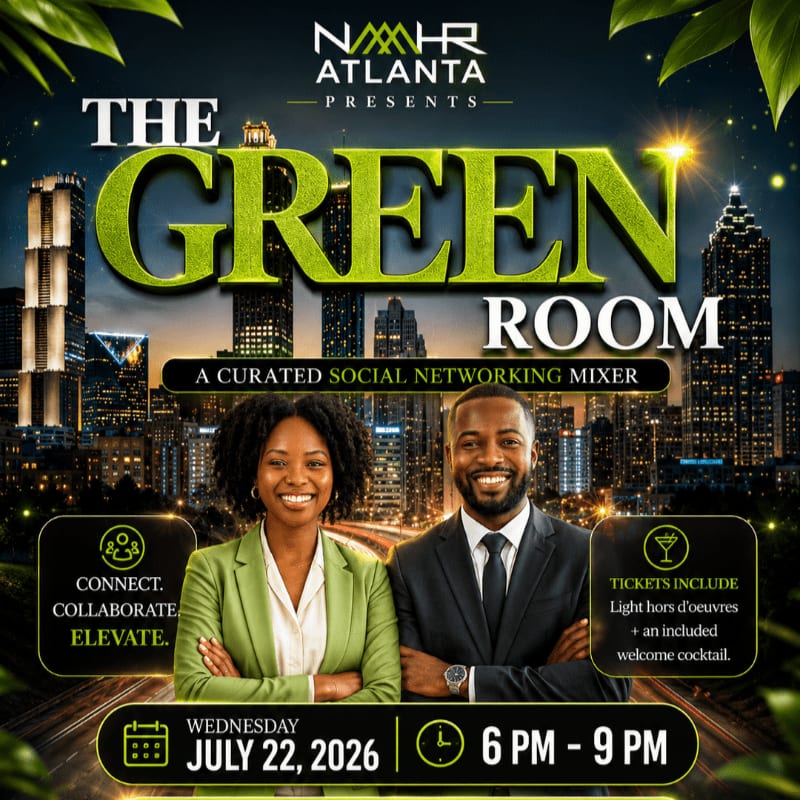 A smiling Black couple in business attire stands in the foreground against a backdrop of a city skyline at dusk, with event details for "The Green Room" social networking mixer displayed below them.