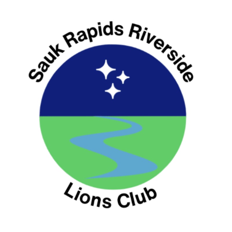 A circular logo features a blue upper half with three white stars, representing the sky, and a green lower half with a blue winding river, representing the land, all framed by text reading "Sauk Rapids Riverside Lions Club."