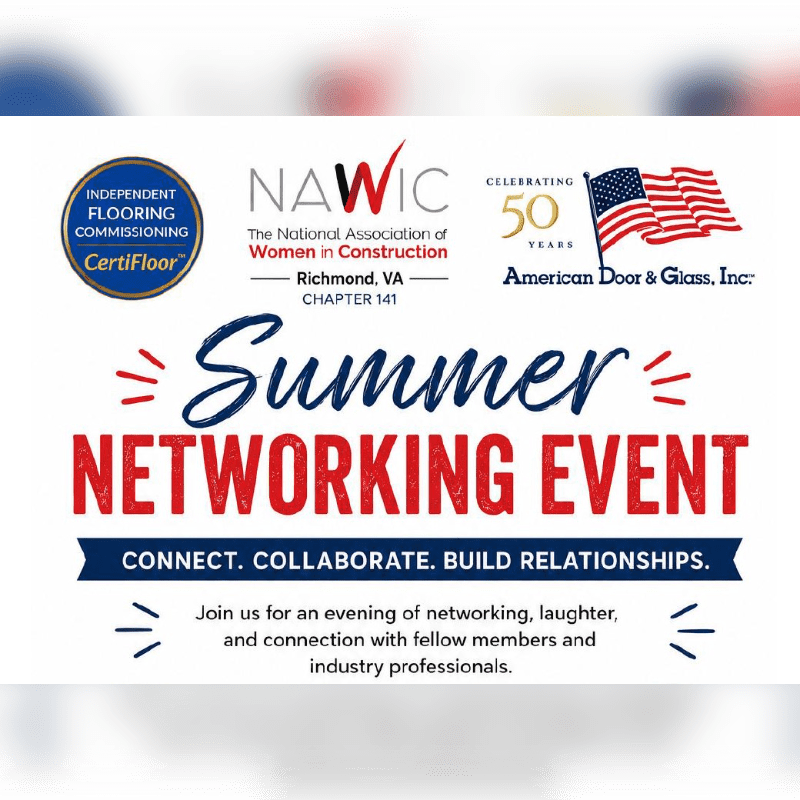 A white background features bold red and blue text announcing a "Summer Networking Event" with logos for CertiFloor, NAWIC, and American Door & Glass, Inc. at the top.